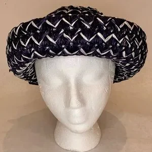 Vintage 1960s blue and white chevron woven raffia hat with grosgrain bow Vintage 1960s Woven Raffia Hat With Ribbon Bow and White  main image 3
